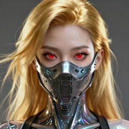 portrait of a beautiful cyberpunk cyborg female wearing a ballistic face mask with brilliant gold flowing hair and bright red eyes, intricate abstract. intricate artwork. by Tooth Wu, wlop, beeple, dan mumford. octane render, trending on artstation, greg rutkowski very coherent symmetrical artwork. cinematic, hyper realism, high detail, octane render, 8k, iridescent accents