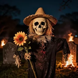 portrait photo still of a spooky scarecrow holding a flower skull, wearing a straw hat, in front of an old cemetery on fire at night, 8 k, 8 5 mm f 1. 8