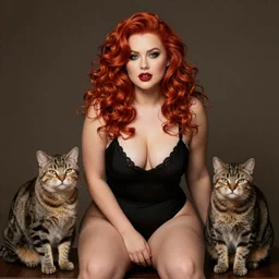 music album cover seductive realistic curvy redhead woman and fat cats