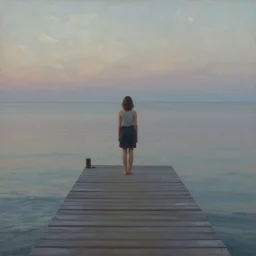 painting of a woman standing at the end of a pier, she is visible from behind and from distance, the sea surrounding the pier is calm, soft evening light, volumetric lighting, style of greg rutkowski