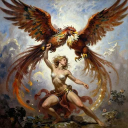 A beautiful oil painting of an attractive young woman fighting a phoenix, by Lucas Graciano, Frank Frazetta, Greg Rutkowski, Boris Vallejo, epic fantasy character art, high fantasy, Exquisite detail, post-processing, low angle, masterpiece, cinematic