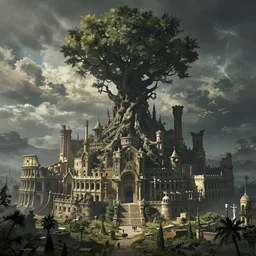 sprawling roman city built at the base of a towering tree, wide shot, digital art, detailed, fantasy, elden ring