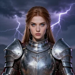character portrait of the Warrior Queen, heavy plate armor, with gorgeous detailed eyes, thunderstorm in the sky, color page, tankoban, 4 k, tone mapping, doll, akihiko yoshida, james jean andrei riabovitchev marc _ simonetti, yoshitaka amano, long hair, curly