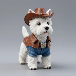 product photo of a 120mm mini resin model of an anthropomorphic west highland white terrier-cowboy wearing, Short brown leather jacket, denim short pants, cow boy hat; ultra detailed, super realistic, 4K, Full body