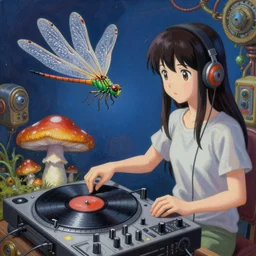 surreal gouache painting, by yoshitaka amano, by ruan jia, by Conrad roset, by good smile company, detailed anime 3d render of a magical Dragonfly  flying over a Mushroom on a DJ Mixer, Vinyl deck, controller, portrait, cgsociety, artstation, rococo mechanical and Digital  and electronic, dieselpunk atmosphere