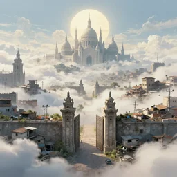 the slums just outside the pearly gates to the kingdom - of - heaven - in - the - clouds, digital art