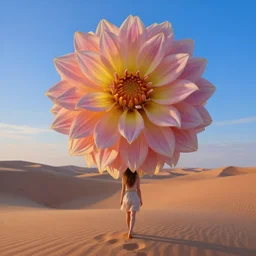 closeup giant dahlia flower covering head, a girl walking between dunes, surreal photography, sunrise, blue sky, dramatic light, impressionist painting, digital painting, artstation, simon stalenhag