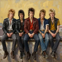 beautiful oil matte portrait painting, 8 0 s punks sitting on top of the berlin wall, detailed faces, wonderful masterpiece highly detailed, beautiful cinematic light deep focus, elegant, digital painting, smooth, sharp focus, golden ratio, dramatic illumination, ultra realistic, 8 k, art by jimmy law and nathan walsh