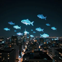Wide angle shot of a city with holographic fishes floating in the sky by James Gilleard, Mark Ryden, Wolfgang Lettl highly detailed, Dark cineamtic and atmospheric lighting
