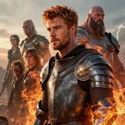 stunning portrait of thoughtful ( ( ( ( copper haired chris hemsworth ) ) ) ) as destruction from sandman looking like kristofer hivju!!, medival armour!!, fire!!!, at dawn, by jeremy mann, by frank moth, jeff easley, alphonse mucha, dave mckean, soft lightning, high detailed, 8 k
