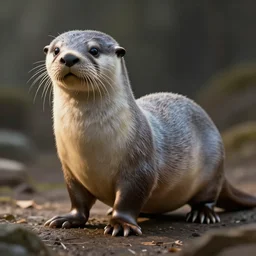bipedal albino amphibious otter seal feline alien creature with fat ears and a fat tail, speculative biology, upright, short snout