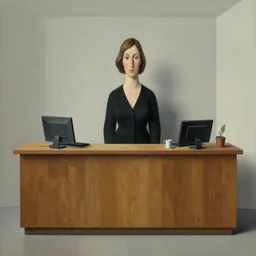 a woman in reception, digital art by grant wood, modern setting