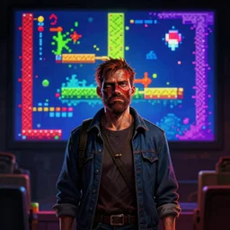 tom waits gameplay still frame, 8 colors, pixel art, retro, splash screen, level design, high contrast, background, deep focus, highly detailed, dramatic lighting, digital painting, artstation, concept art, matte, greg rutkowski, moebius, illustration.