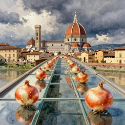 onions made of diamonds on a gently arching bridge made of glass, water level view deep perspective, florence, beautiful watercolour
