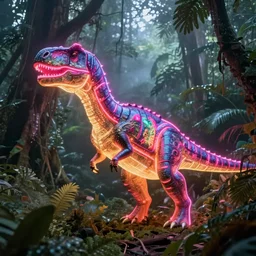 neon glowing dinosaur in a foggy jungle by magali villeneuve and greg rutkowski