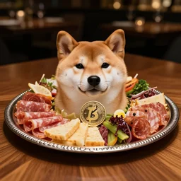 a charcuterie board with doge face, shiba inu, doge meme, dogecoin, shiba inu dog, pieces of doge in the silver plate, wooden table, exquisite restaurant, five stars michellin, professional food shot, gourmet dish, with veggies. low light, bokeh, masterpiece.