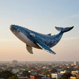 a huge blue whale is flying above a new dehli suburb city, epic, surreal, cinematic shot, golden hour, artstation, deviantart, dreamy atmosphere, high definition