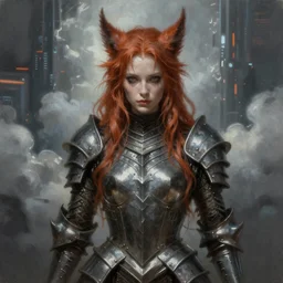ultra realist and ultra intricate detailed soft painting of a female beast covered by a gothic armor, thin lustrous auburn hair fur, symmetry features, sensual gloomy style, soft painting, volumetric clouds,  cyberpunk background, artstation, Tom Bagshaw artstyle, unreal render, depth of field