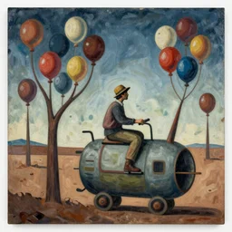 a mysterious traveler, riding on a surreal machine, against a wasteland with tree that grow balloons, painted on masonite, by remedios varo