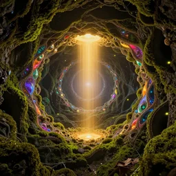 fractal, high moss inside hollow earth jewellery mine full colored, portal golden, god shining light, looping wormhole teleport, quantum physics cell, fireflies, hight contrast, void, 8 k resolution, unreal engine 5, hyper - detailed, morning mood by beeple, justin gerard