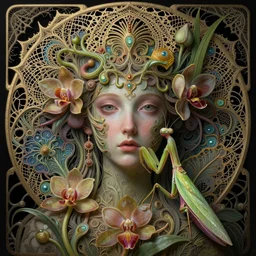 detailed realistic beautiful orchid mantis goddess face portrait by jean delville, gustave dore, iris van herpen and marco mazzoni, art forms of nature by ernst haeckel, art nouveau, symbolist, visionary, gothic, neo - gothic, pre - raphaelite, fractal lace, intricate alien botanicals, ai biodiversity, surreality, hyperdetailed ultrasharp octane render