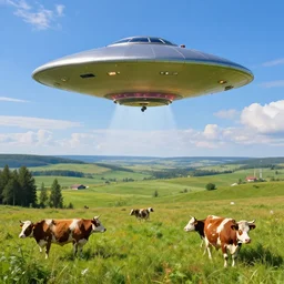 ufo over the cow, Bright colors, fantastic landscape, hyperrealism, no blur, 4k resolution, ultra detailed, style of Anton Fadeev, Ivan Shishkin, John Berkey