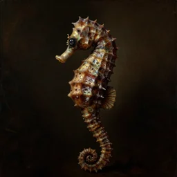 a dark rococo portrait of a seahorse with big eyes, 1 8 th century painting. moody atmosphere, dark organic background