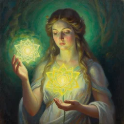 an incredible painting of the goddess of healing and nature , she’s holding the glowing flower of life , oil painting , incredibly detailed