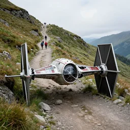 photograph of the wreckage of a tie fighter from star wars, mountain trail, hikers