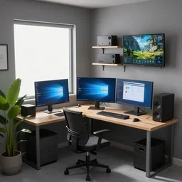 detailed scifi artstation scene of a complex computer workstation in a small studio apartment room, a potted plant, many monitors, many electronics, a window view, maximalism, ambient occlusion, volumetric light, sunny amber morning light, soft sun beam, atmospheric haze, unreal engine, hyperrealism, realistic shading, blender render, photorealistic, wide shot