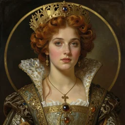 artwork by james jean, detailed realistic portrait, young beautiful medieval queen, alphonse mucha