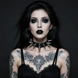 portrait of a tattooed goth, wearing black makeup and a ( big spike choker ).
