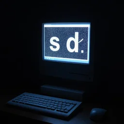 macintosh computer lighting up dark room, with the letters s and d on the screen, 8 k, photorealistic, lots of noise