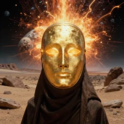 the portrait of bene gesserit in full - face golden glowing masks seeing the exploding of energy and death of planet in the rocky desert landscape, film still from the movie directed by alejandro jodorowsky with cinematogrophy of christopher doyle and art direction by hans giger, anamorphic lens, kodakchrome, cinematic composition, very detailed photo, 8 k,