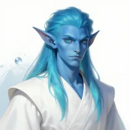 portrait of a young male blue genasi, tempest priest by Greg Rutkowski, d&d character, gradient white to cyan, bubbles and water efects on the background, highly detailed portrait,  digital painting, artstation, concept art, smooth, sharp foccus ilustration, Artstation HQ