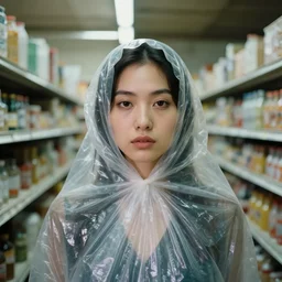 a color photograph, closeup portrait of a woman wrapped in plastic, standing in an abandoned grocery store, color photograph, by vincent desiderio, canon eos c 3 0 0, ƒ 1. 8, 3 5 mm, 8 k, medium - format print