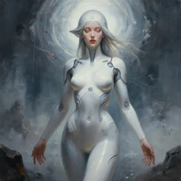 painting of a modern cyber mystical goddess over the abyss, highly detailed, digital painting, artstation, concept art, smooth, sharp focus, illustration, art by gabriele dell otto, 8 k