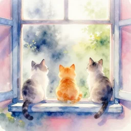 watercolor illustration style, cute cats looking out the window, dreamy aesthetic, misty, trending on artstation, vivid colors, 8 k, filip hodas, jeremy mann