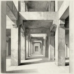 brutalist concrete structures, never ending hallway, insanely detailed and intricate, sketch by tsutomu nihei, giovanni battista piranesi, gustave dore