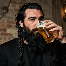 Jean Giraud style long black forked braid beard thick eyebrows colin farrel drinking a pint of beer