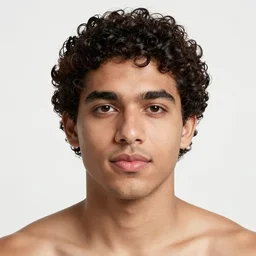 man, low - cut curly haircut, nose a little big, broad shoulders, full mouth with pink lips, thick eyebrows, brown eyes, low lighting