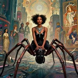 realistic detailed portrait movie shot of a beautiful black woman riding a giant spider, dystopian city landscape background by denis villeneuve, amano, yves tanguy, alphonse mucha, max ernst, ernst haeckel, kehinde wiley, caravaggio, jean delville, david lynch, edward robert hughes, roger dean, cyber necklace, rich moody colours, sci fi patterns, dramatic, wide angle
