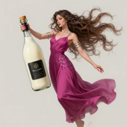a beautiful years old chatain hair woman in a magenta long dress with silver rings and pink nails levitating a bottle'the main ingredient company'filled with ivory white liquid and a black sticker. fantasy, intricate, elegant, highly detailed, digital painting, artstation, concept art, matte, illustration, artger, greg rutkowski, epic fantasy