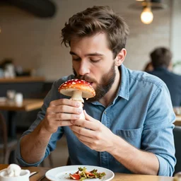 young handsome bearded man eats big red mushroom in a cafe
