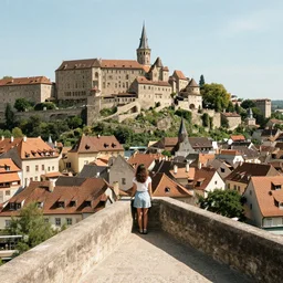 a beautiful picture of overlook of medieval city, a girl stands on top of a bridge, detailed, 8 k