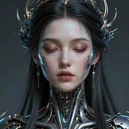 ultra realistic, beautiful cyborg woman eyes closed, metahuman, sci-fi, magic fantasy, cyberpunk, intricate, elegant, highly detailed, digital painting, octane render, substance painter, zbrush, artstation, concept art, smooth, sharp focus, eerie, illustration, 8k, HD, art by artgerm and greg rutkowski and alphonse mucha