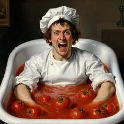a chef sitting in a bathtub full of tomato sauce, looking straight into camera, screaming in pain, by giuseppe arcimboldo and ambrosius benson, renaissance, fruit, intricate and intense oil paint, a touch of beksinski, realistic