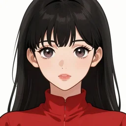 anime girl with a detailed face and black hair in ared outfit, illustration