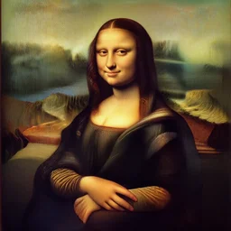 a portrait of a woman painted by leonardo da vinci. the woman in the painting is shown seated with her hands folded in her lap. she is wearing a simple dress with a pattern of flowers. her hair is pulled back from her face and she has a small, faint smile. the background of the painting is a landscape of rolling hills and mountains.