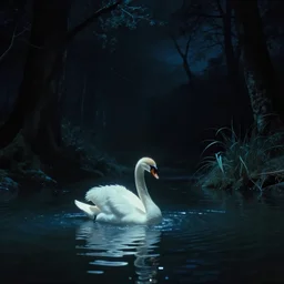 dark eerie movie frame, greek fantasy panorama, a shining swan in the magic shining river styx, at night, magic, stanley kubrick, 1 7 mm, wide shot, surreal, deep